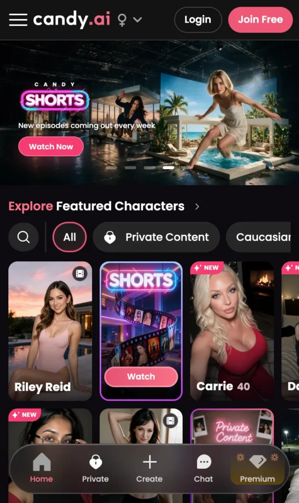 Candy AI home page on a phone